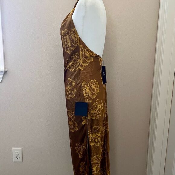 Lulus Elegant Brown gold Sheath midi Dress with Halter Neckline for Night Out - Picture 6 of 9